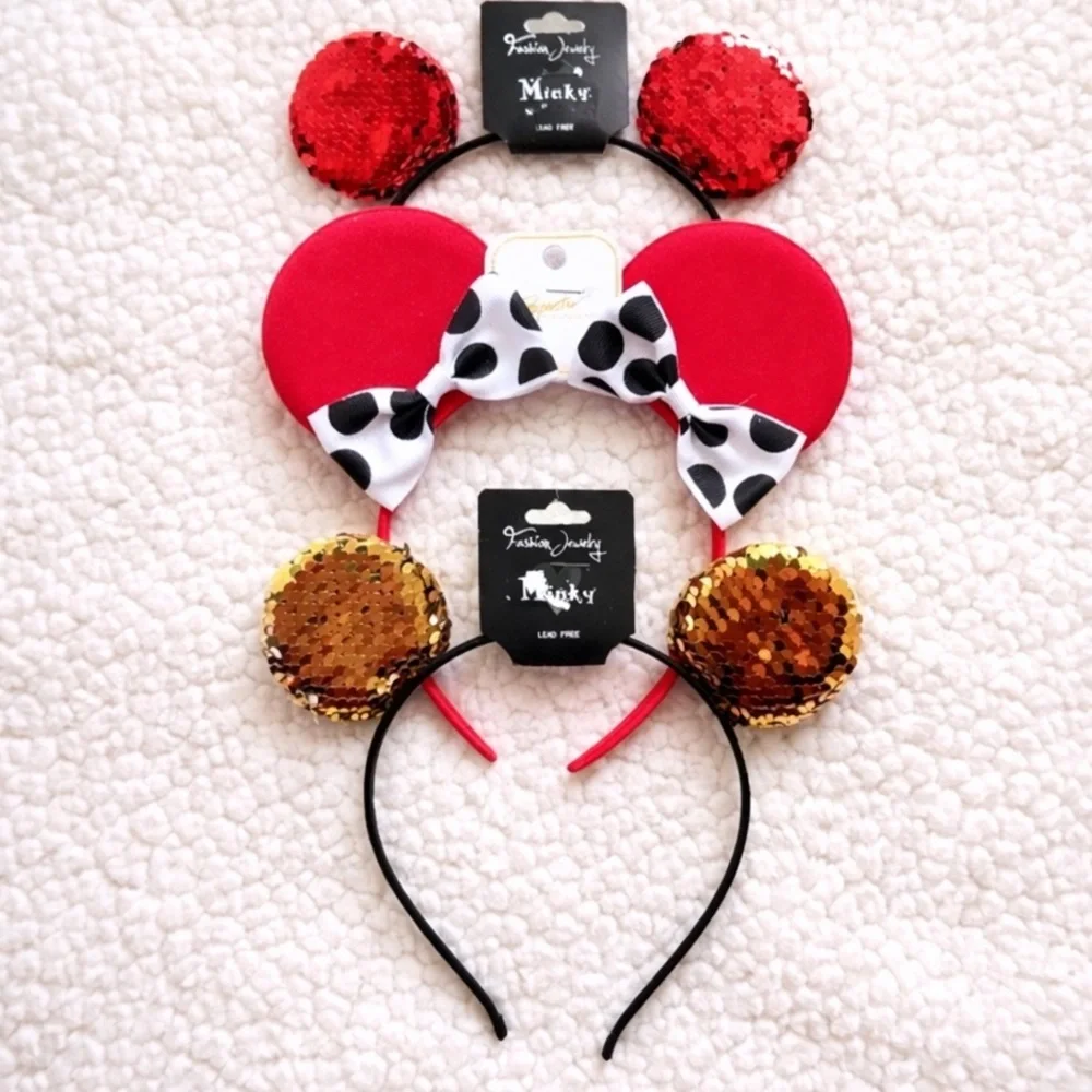 Set of 3 Disney Mickey & Minnie Mouse Ears Headbands Sequin Bow Red Gold